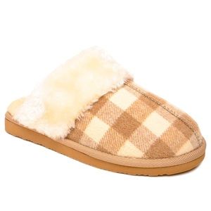 Minnetonka Chesney  Buffalo beige and cream plaid Mules size 6 New in box.